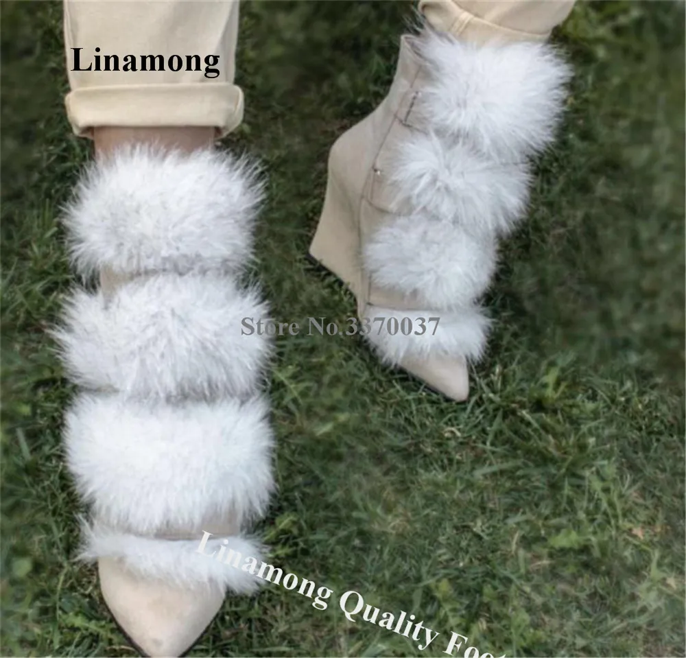 

Linamong White Fur Wedge Short Boots Charming Pointed Toe Beige Suede Straps Ankle Booties Winter Big Size Boots