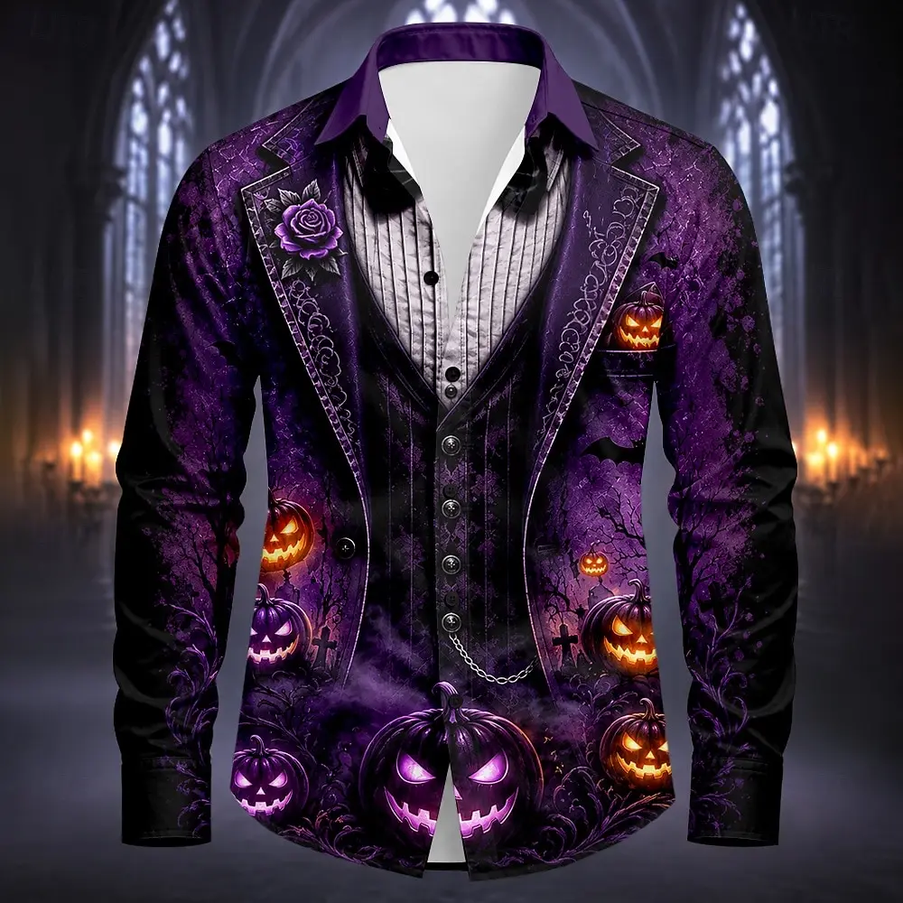 Halloween Men's Bull Lantern Face Shirt Button Up Shirt Long Sleeve Dark Gothic Style Streetwear