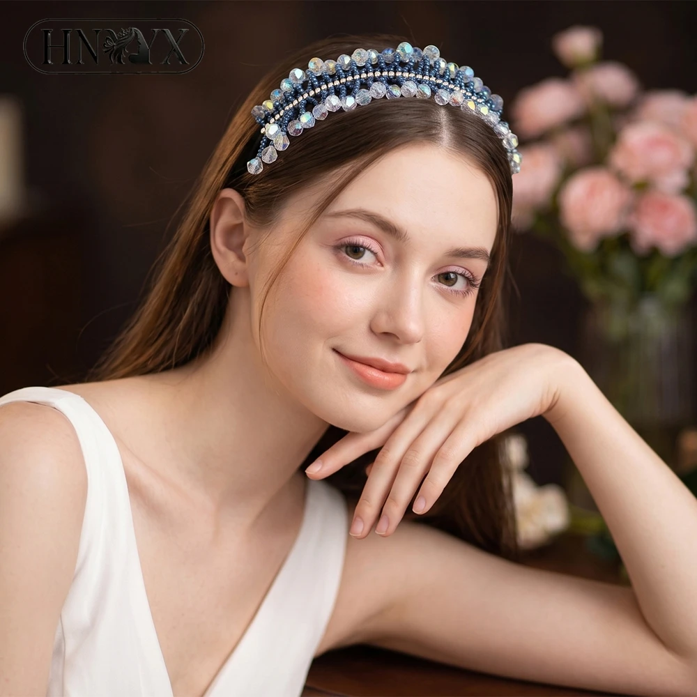 

HNYYX Blue Color Beaded Crystal Hair Hoop AB Crystal Bride Headband Princess Party Handmade Headpieces Hair Accessories A36