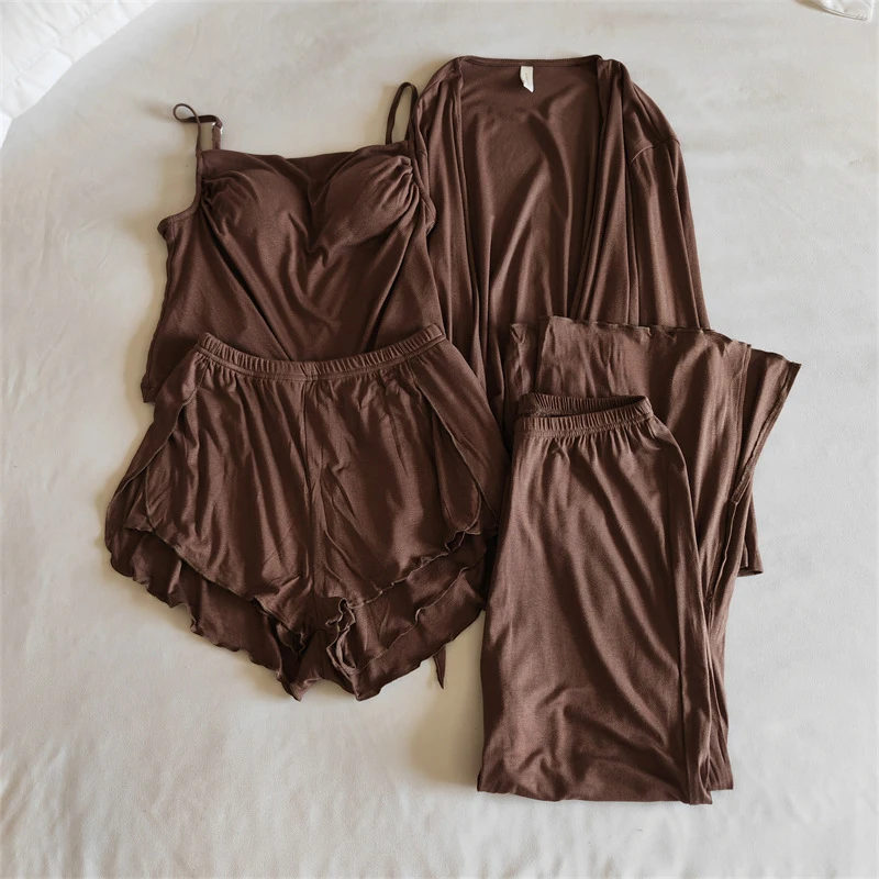 Autumn Four Piece Set Home Clothes Modal Sexy Sweet Strap Shorts Long Sleeved Cardigan Pants Pajamas Loose Casual Sleepwear