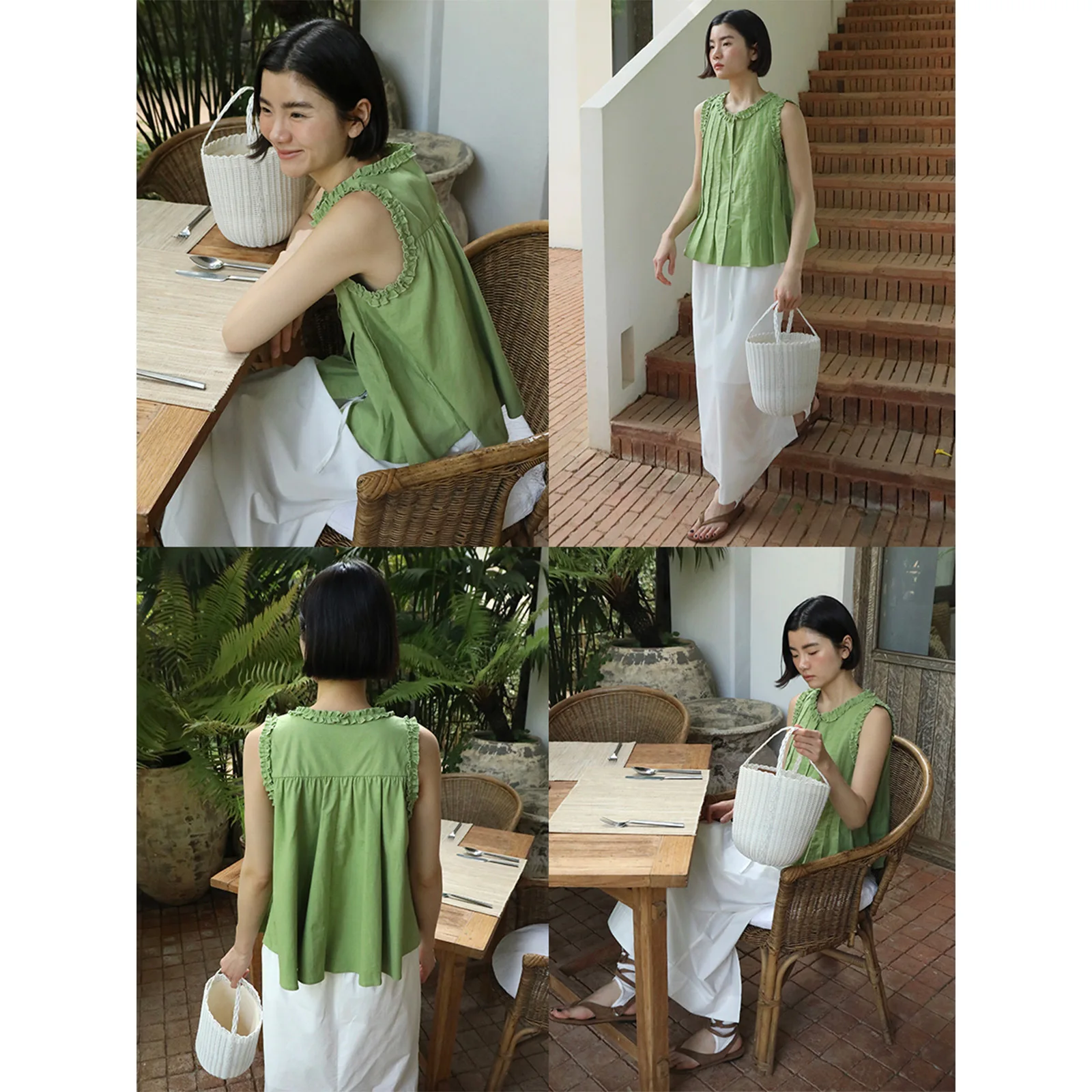 

Bamboo Textured Single Breasted Shirt with French Pleat and Black Fungus Edge Pullover Top