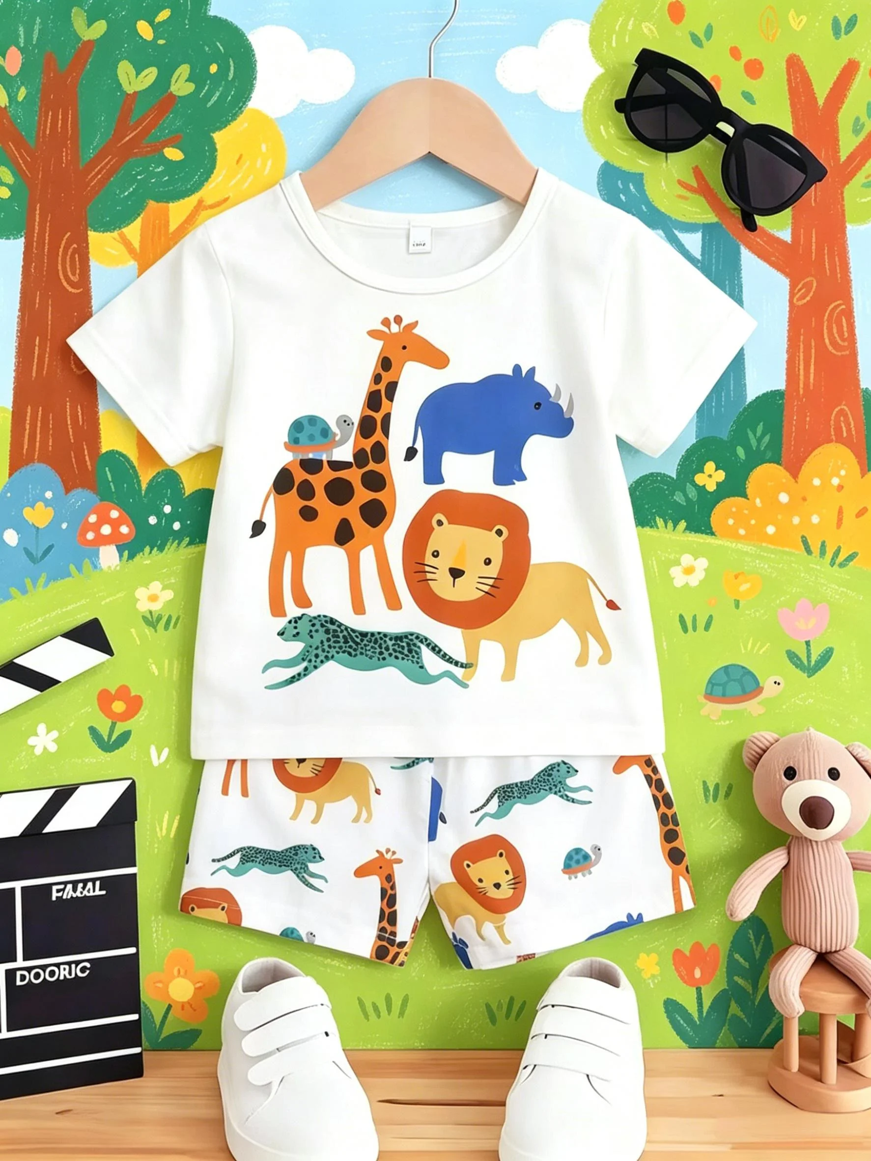 Zweiteiliges Set mit Zoo-Print für Jungen: frisches T-Shirt + lockere Shorts, deckt den Komfort und den natürlichen Spielmut von Kindern ab – Detail 2