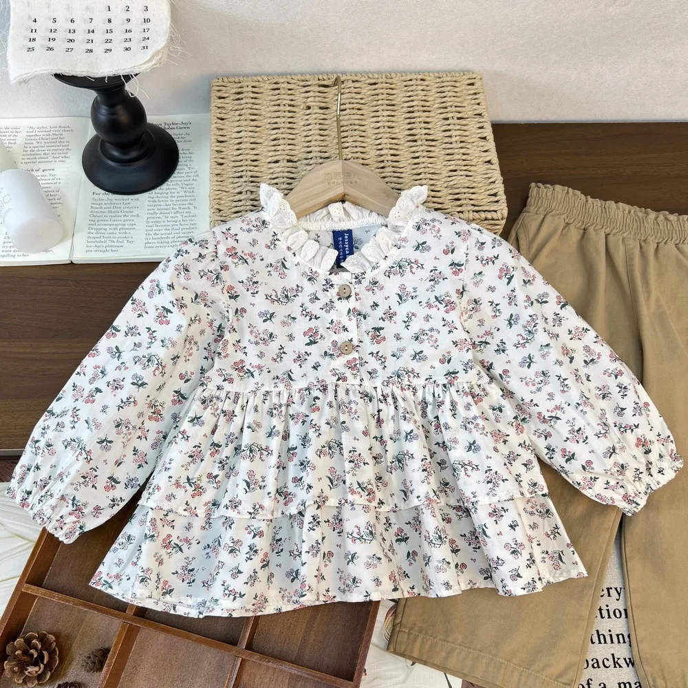 

Girls Floral Doll Shirt Korean Children's Clothing 2025 Autumn and Winter New Baby Girl Sweet Lace Collar Bubble Sleeve Top