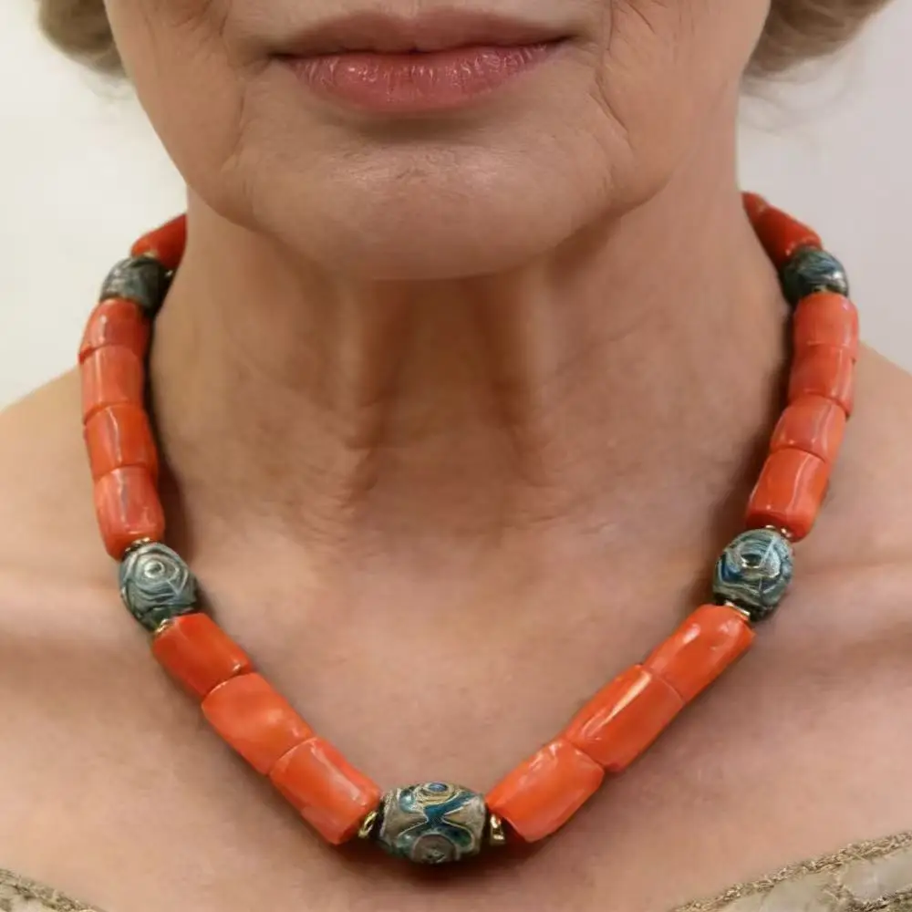 10-12mm Female Jewelry Agate Statement Natural Sea Bamboo Orange Coral Short Necklace