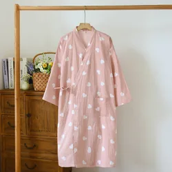 Japanese kimono spring and autumn new ladies night gown 100% cotton gauze robe pajamas flower love bathrobe mid-length home gown
