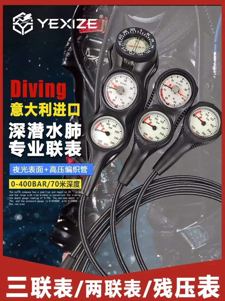 Diving triple table, two lists of residual pressure gauges, one list of professional scuba pressure depth gauge, compass.