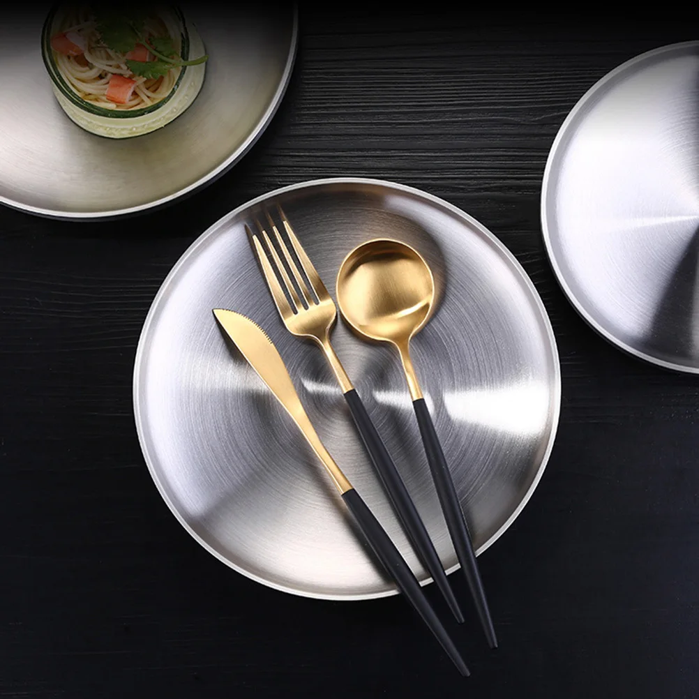 

304 Stainless Steel Round Dish 21Cm Double Wall Lightweight Wire Drawing Finish Non Slip Bottom Serving Food Fruit Plate Kitchen