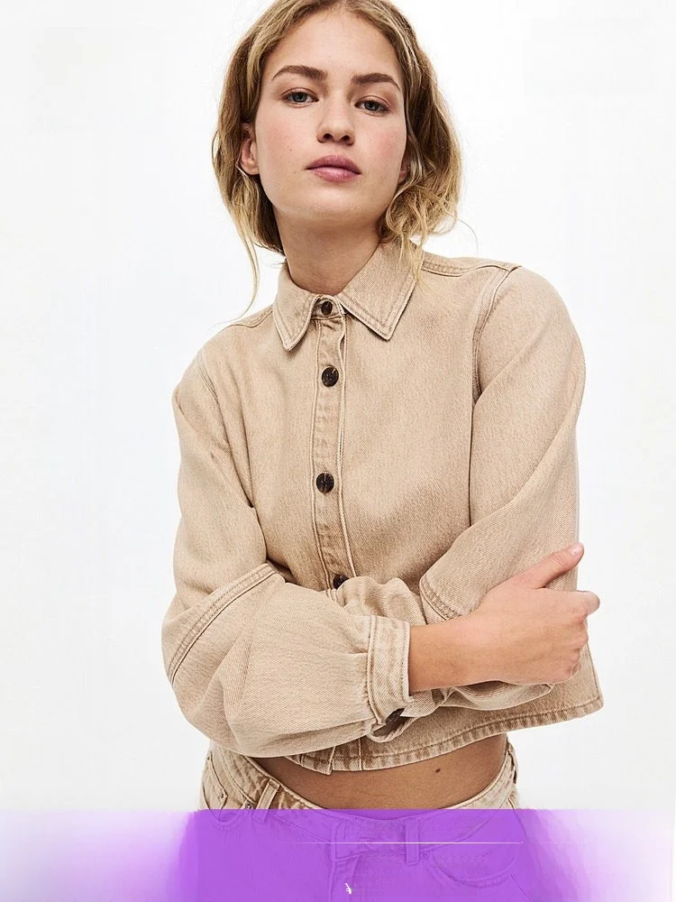 

H&M Women's Summer New Denim Shirt Casual Style Long Sleeve Button up Cotton Lyocell Blend Comfortable Fit Classic Collar