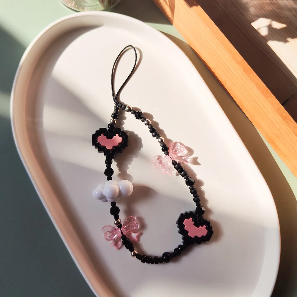 HERLOOK Pixel Heart Phone Straps Bowknot Phone Charm Y2K Accesories Korean Clouds Chain for Cellphone Cute Jewelry