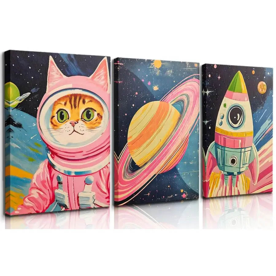 Arte de pared de astronauta rosa, carteles de aventura de gato espacial, impresiones, pintura en lienzo espacial caprichoso, imágenes de astronauta de gato rosa lindo