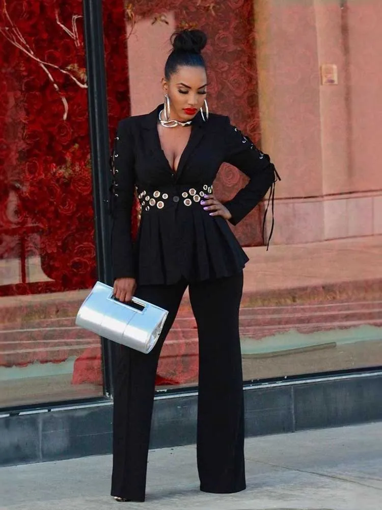 

2 Pieces Set for Woman Autumn Long Hollow Out Sleeve Elegant Sets Lady Slimming Waist Blazer Suit Set Wholesale Dropshipping