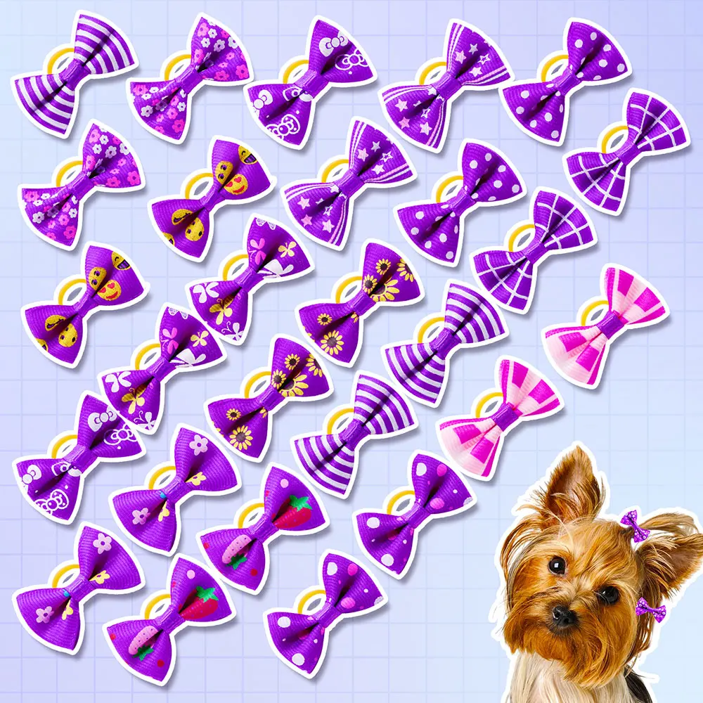 Purple Flower Pattern Pet Daily Decorate Dog Hair Bows Doggy Bows with Rubber Bands Dog Supplies for Small Pet Hair Accessories