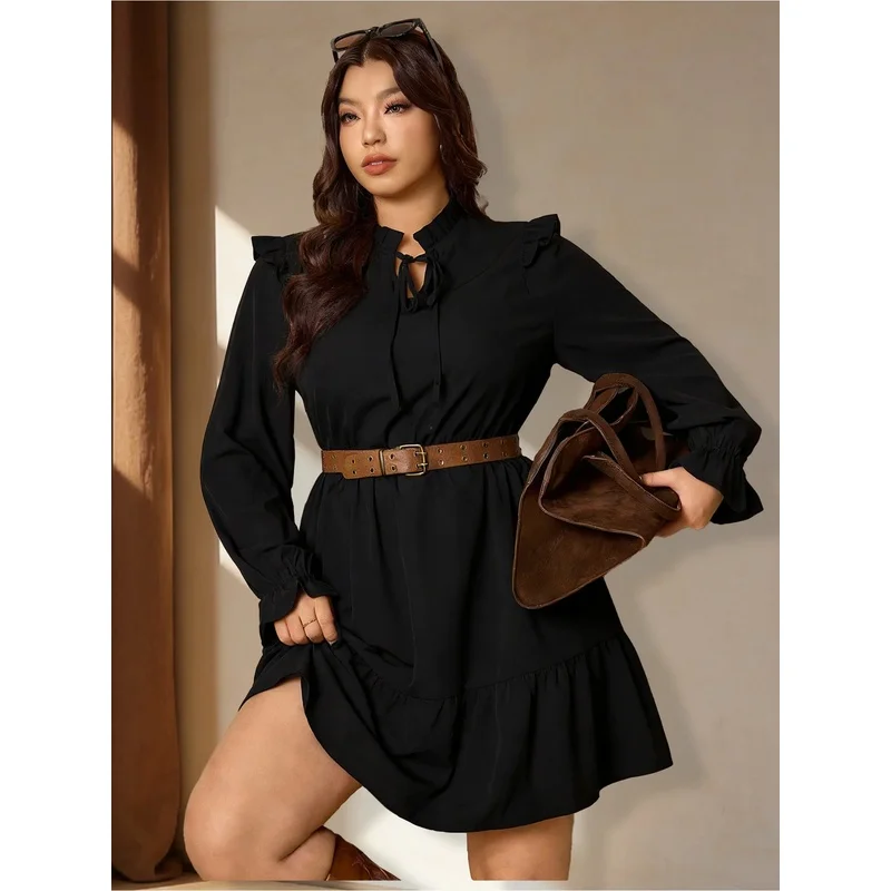 plus Size Black Dress French Casual Elegant Gentle Style Stand up Collar Ruffled Edge Waist Cinched Tea Break Skirt view 6