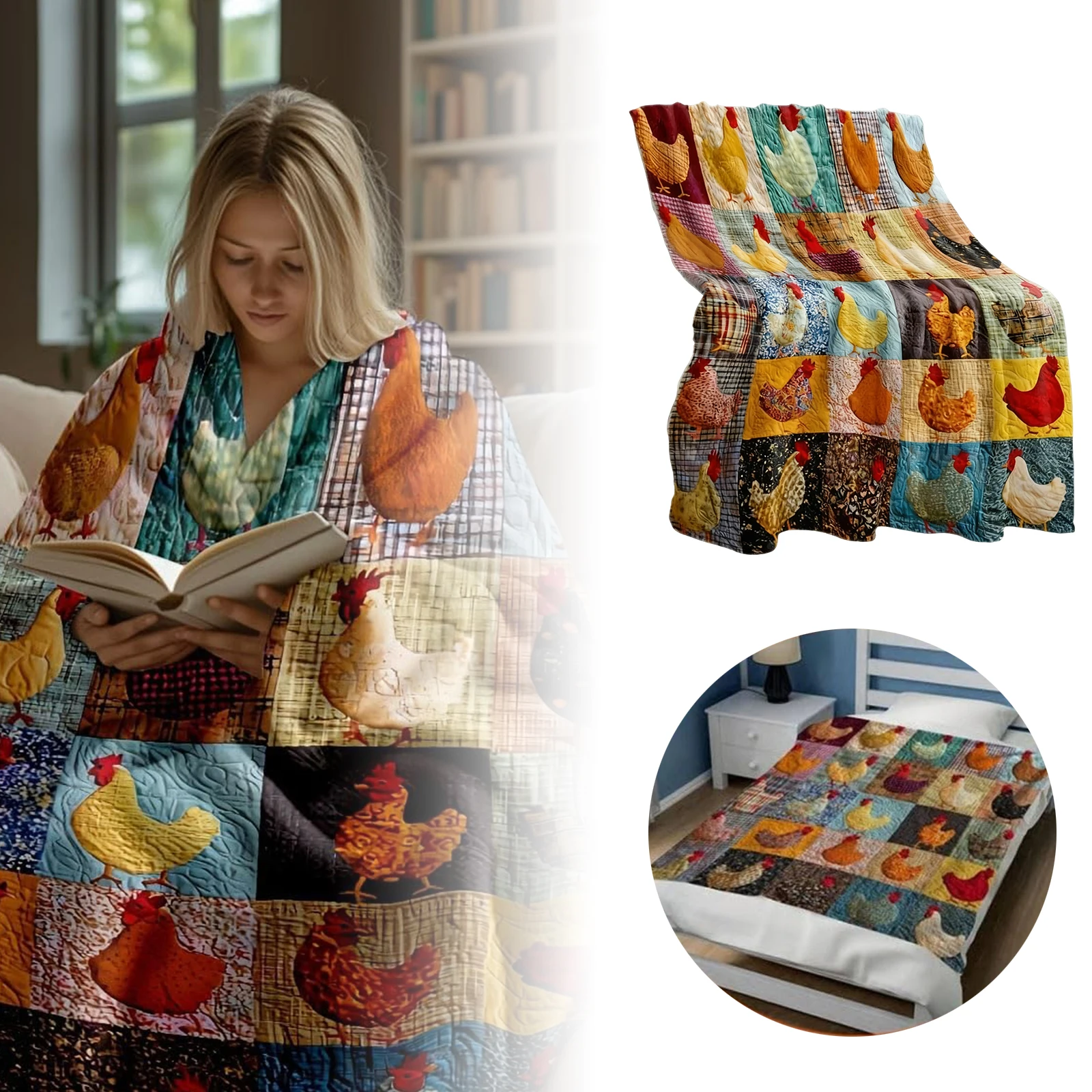 

Plush Plaid Chicken Print Flannel Blanket No Overheating Chicken Throw Funny Farm Quilt Lightweight Warm for Home Decor Gift