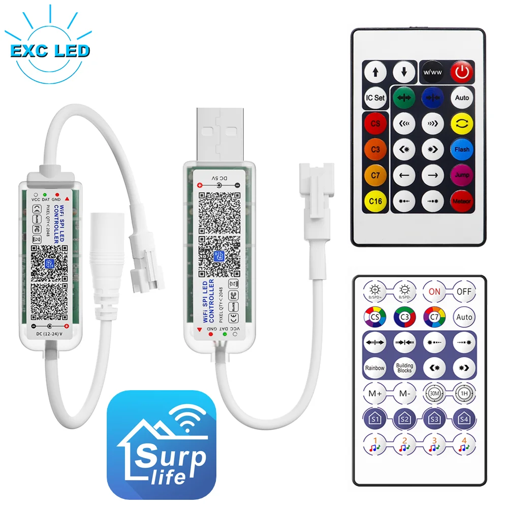 WS2812B WS2811 WIFI SPI muzyka piksel LED RGB kontroler światła 24/28 klawiszy zdalnego sterowania SurpLife App 2048 pikseli USB5V/DC12-24V