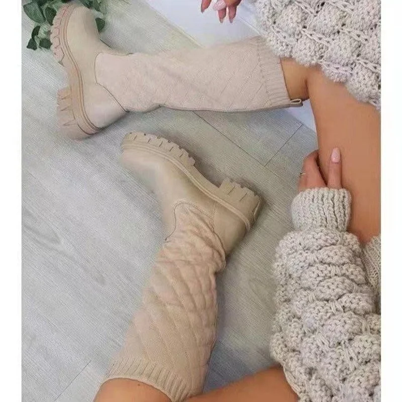 Women Thick Sole Boots 2022 Autumn Winter Breathable Knitting Sock Ladies Thigh High Boots Stretch Round Toe Shoes Plus Size 43