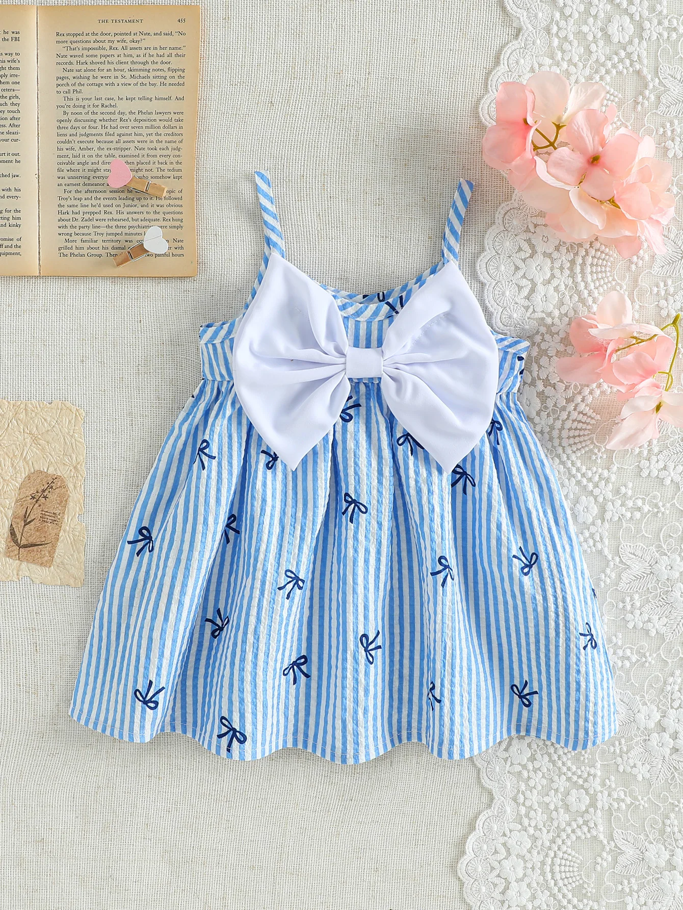 New Summer Blue-White Striped Girls' Cami Dress With Big Bow, Perfect for Little Ones.