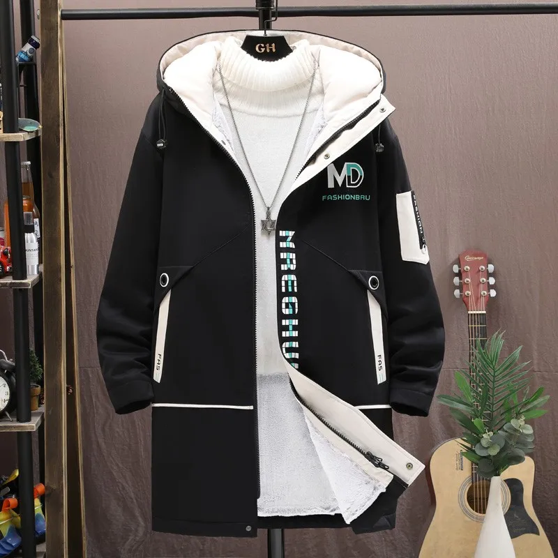 2024 Men\'s Long Cotton Lined Jacket Autumn Winter Classic Trend Long Windbreaker Men\'s Casual Loose High-quality Hooded Jacket