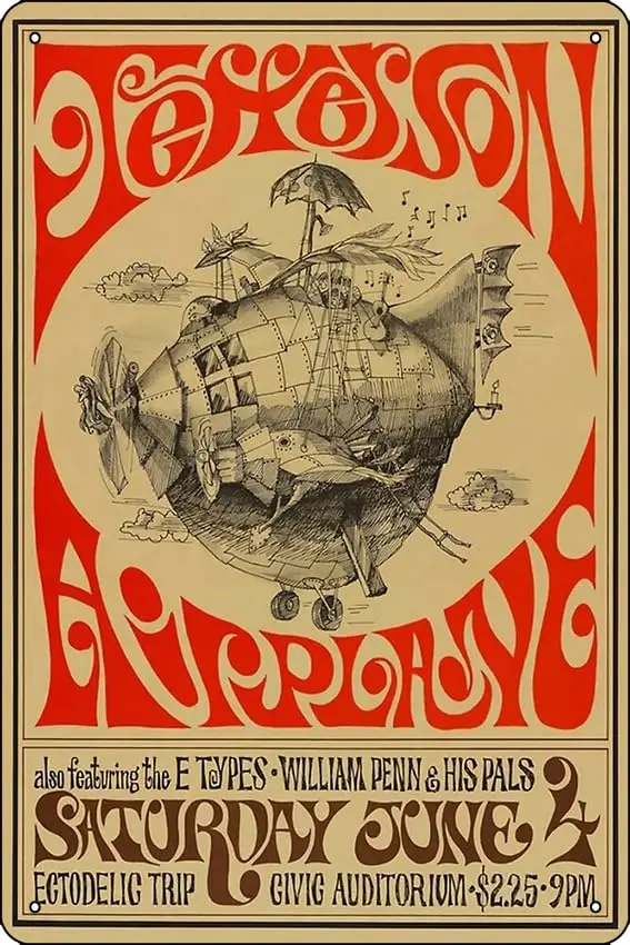 Vintage Jefferson Airplane Ectodelic Trip Concert Poster Metal Sign Decor - 8 x 12inch Bar Pub Garage Man Cave Wall Art