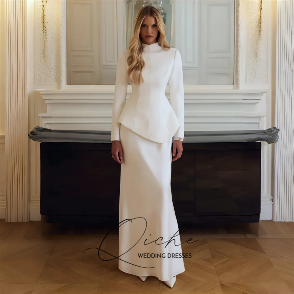 QICHE Vintage Long Sleeve Sheath Long Wedding Dresses Women High Collar Bridal Formal Party Gown Vestidos De Noiva Customized
