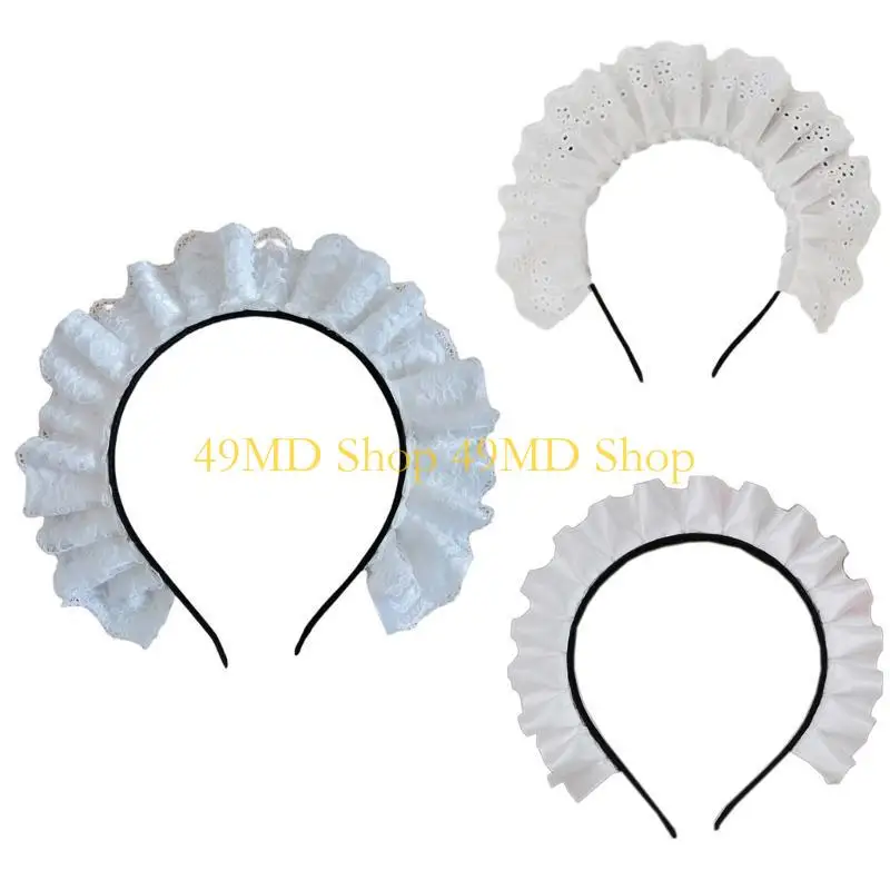 49MD Cosplay Maid Hair Hoop Women Elegant Pleated Lace Makeup Headbands for Girl Stage Halloween Performances Headpieces
