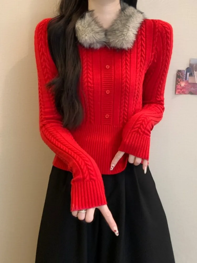 

Красный вязаный свитер, женский зимний новый свитер со съемным меховым воротником, длинный све, топ, теплая основа, irt, для поездок на работу, средний мягкий