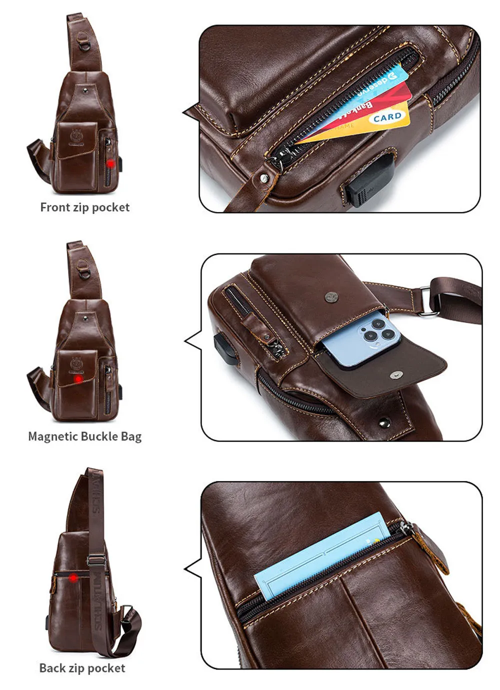 New Men Genuine Leather Chest Bag Retro USB Charging Waterproof Multifunction Crossbody Single Shoulder Day Pack Bag