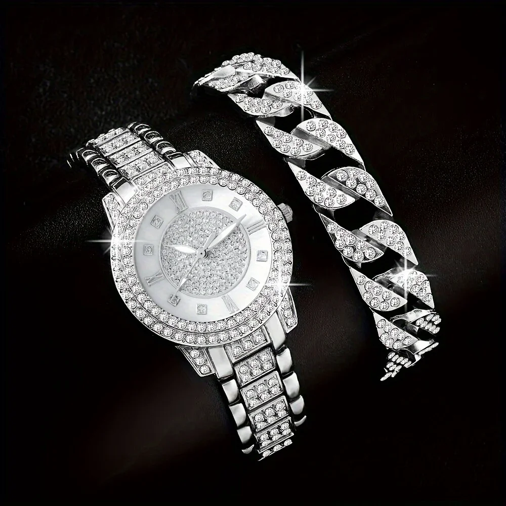 2pcs/set Women's Watch Luxury Rhinestone Quartz Watch Rome Fashion Analog Wrist Watch & Bracelet, Gift For Mom Her