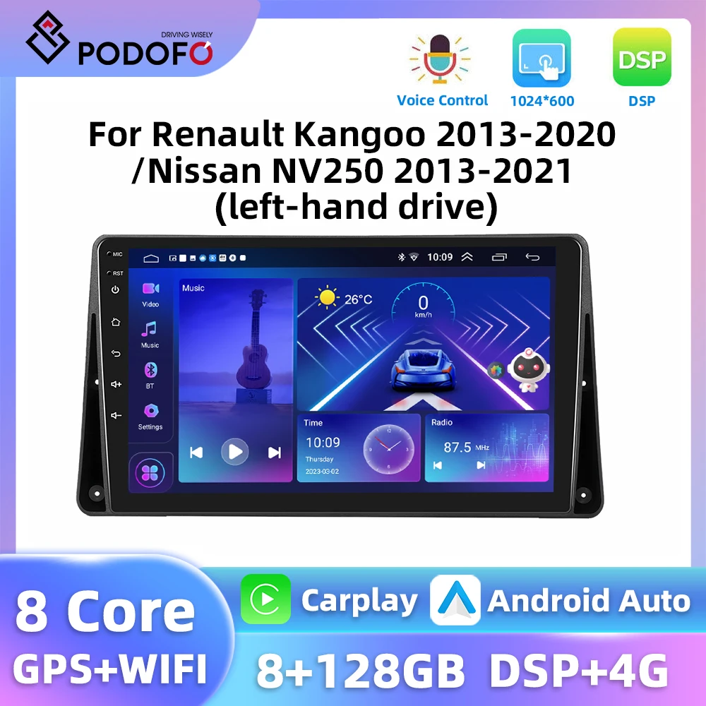 Podofo AI Voice Car Radio For Renault Kangoo 2013-2020/Nissan NV250 2013-2021 GPS WIFI 4G Carplay Android Auto DSP Car Stereo