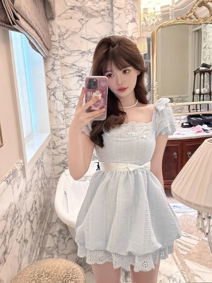 

Japan Young Style Summer New Sweet Age Reduction Fashion Lace Short Sleeve Midi A-Line Slim Bow Lolita Princess Dress