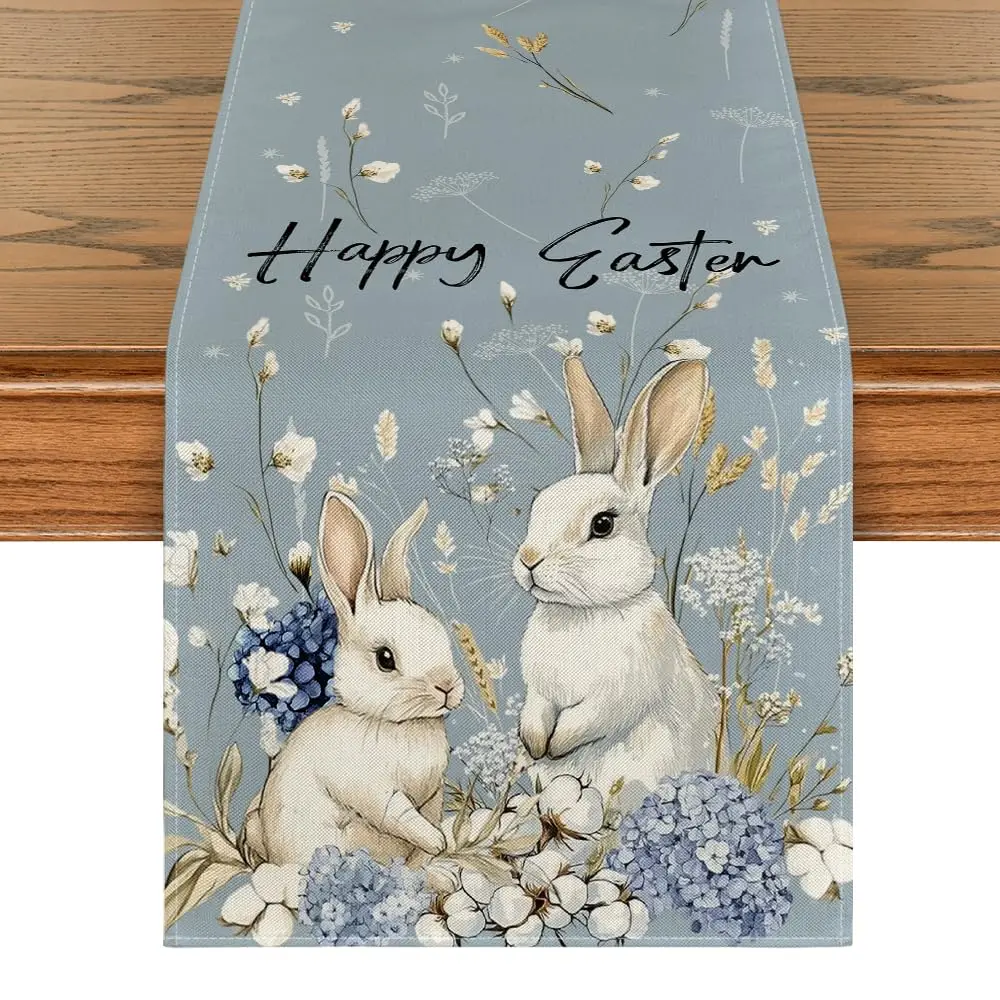 Bunny Rabbit Hydrangea Happy Easter Table Runner, Seasonal Spring Kitchen Dining Table Decoration for Home Party Decor