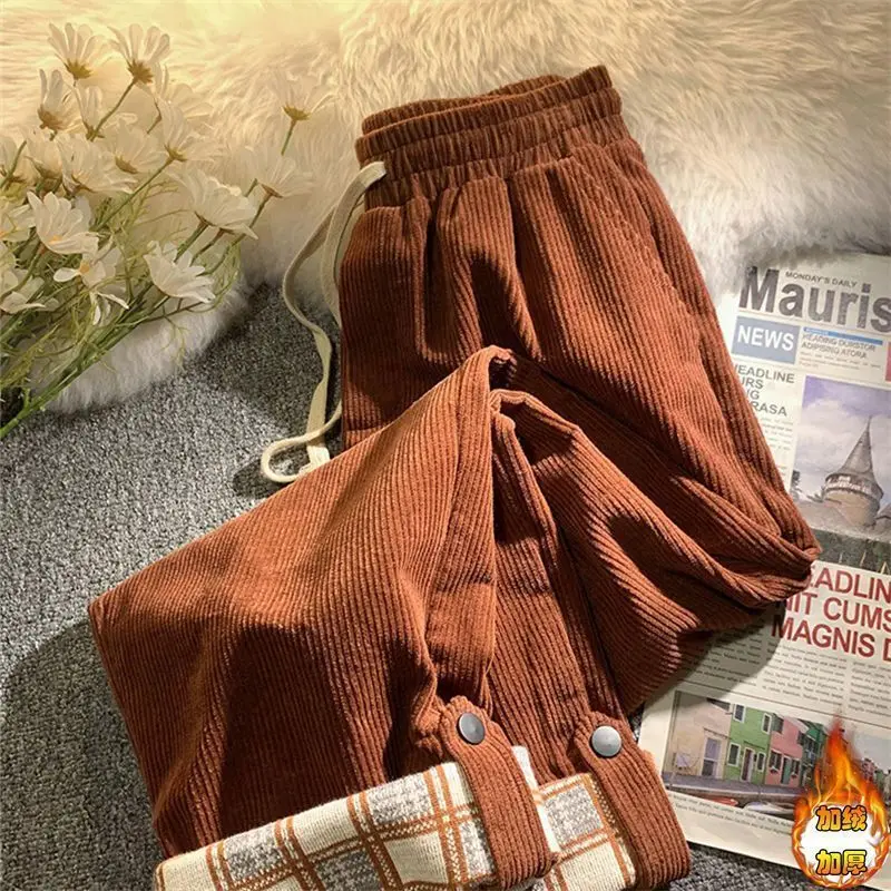 Oversized Casual Korean Patchwork Elastic Waist Wide Leg Pants Autumn Winter Fleece Women Clothing Plaid High Waist Trousers