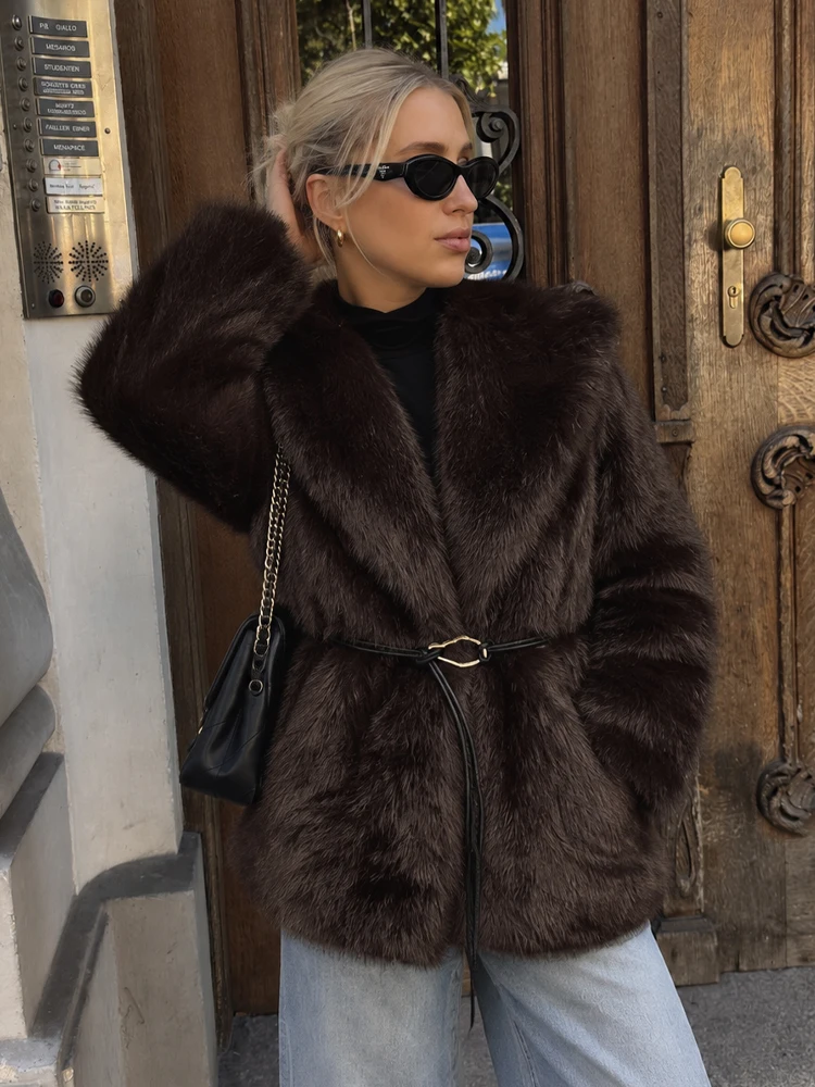 HH Women Elegant Luxurious Faux Fur Coat Retro Coffee Brown Lapel Mid Length Metal Buckle Outerwear Autumn Winter Office Wear