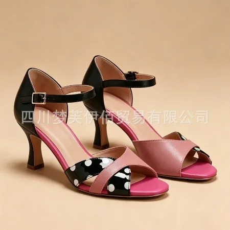 

Polka Dot Ankle Strap Women's Sandals Peep Toe Mid Heel Sandalias Elegant Buckle Daily Shoes