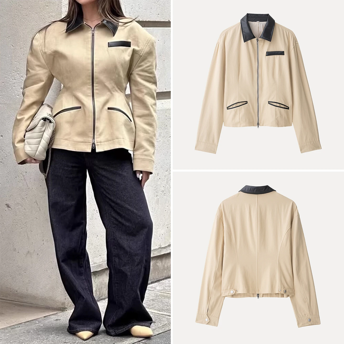 

Faionable Simptic Women's Jaet Zipper Waist-Cinching Outerwear Top for Autumn Season Daily Wear Stand Fit Long Sve