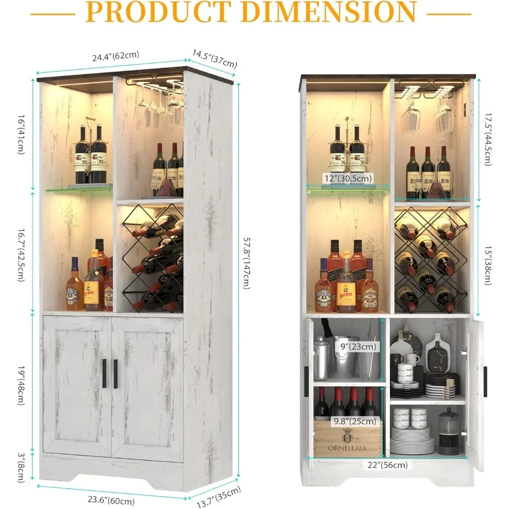 Wine Cabinet,Wine Bar Cabinets with LED Lights, Liquor Cabinet with Glass Holder Wine Rack, Farmhouse Modern Liquor with Storage