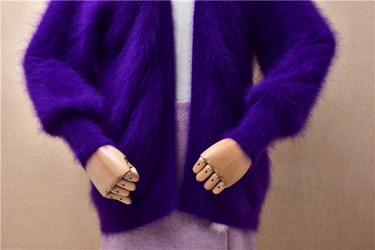 ladies women fashion purple hairy mink cashmere knitted long lantern sleeves slim mantle jacket coat sweater angora fur cardigan