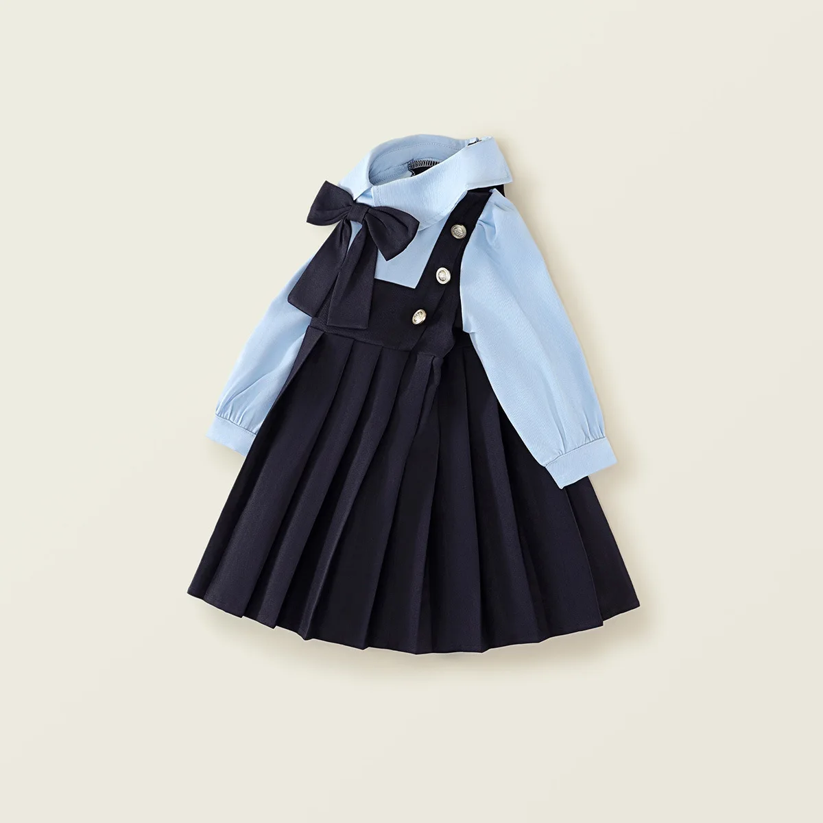 Spring Girls' Campus Style Long Sleeved Dresses Fake Two Pices 2025 Autumn New Children's Korean Version Bow Pleated Skirt