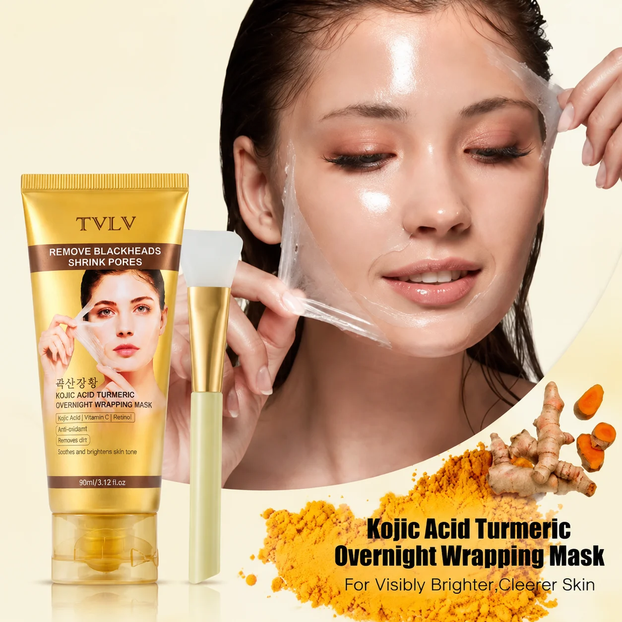 TVLV Kojic Acid Turmeric Peel-off Mask, Overnight Wrapping Brightening Face Mask for Blackhead & Pore Care 90ml