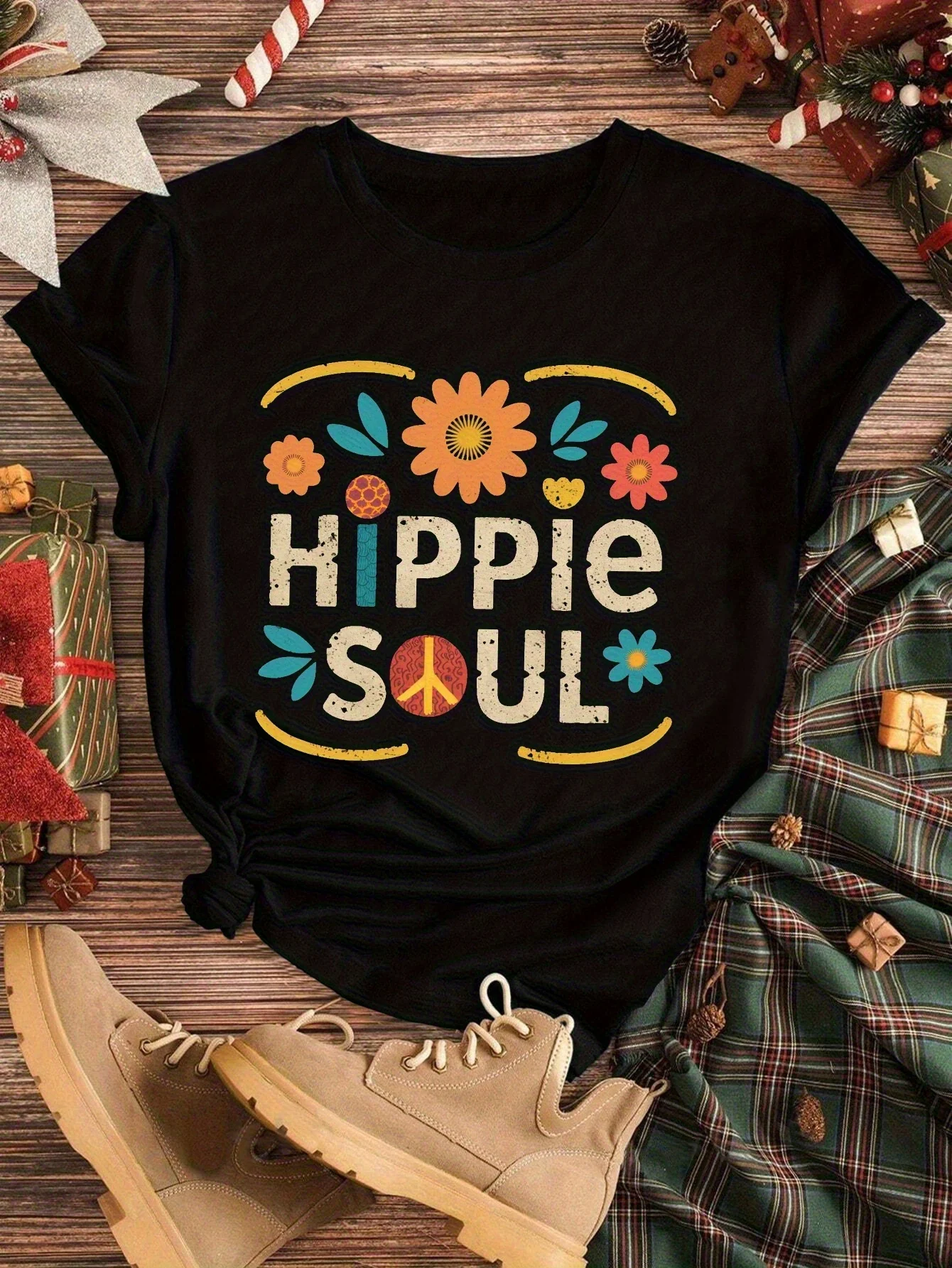 180 g 1pc bold style| HIPPIE SOUL WOMEN'S T-SHIRT- COLORFUL FLORALS WITH PEACE LOGO PATTERN CASUAL SHORT-SLEEVED CREW NECK
