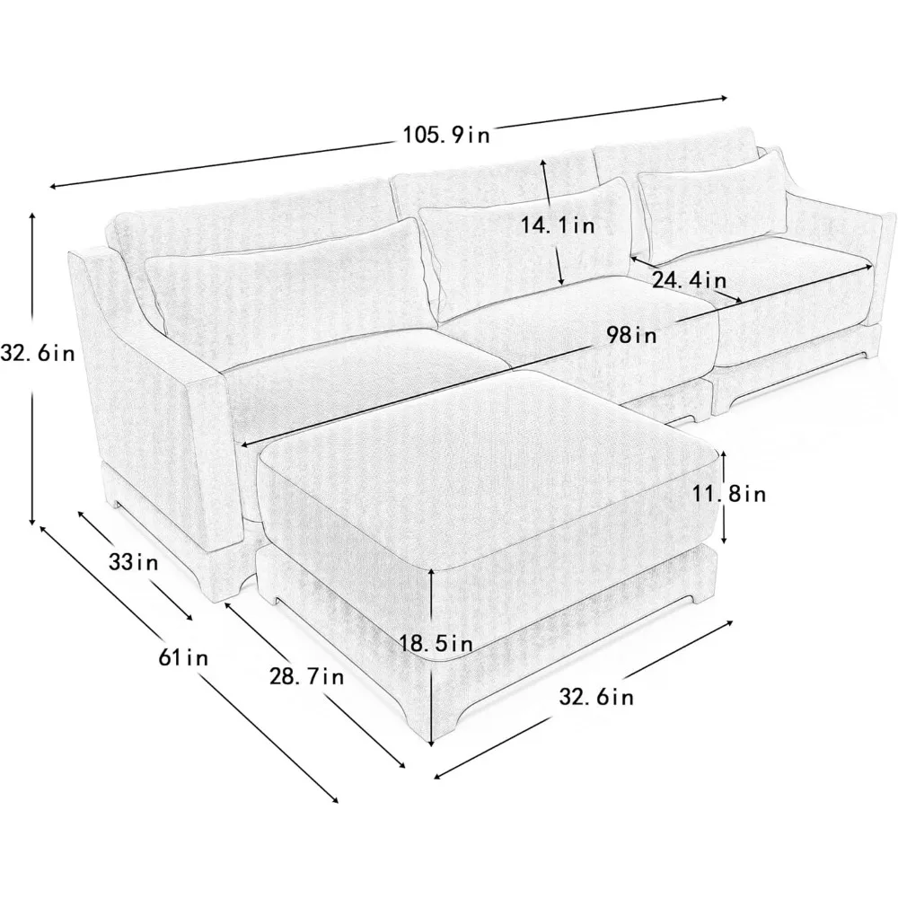 110.2" L Shaped Modular Sectional Sofa Cloud Couch with Ottoman, 3-Seat Chenille Deep Seat SofInteriora with Pillow for Living image 5