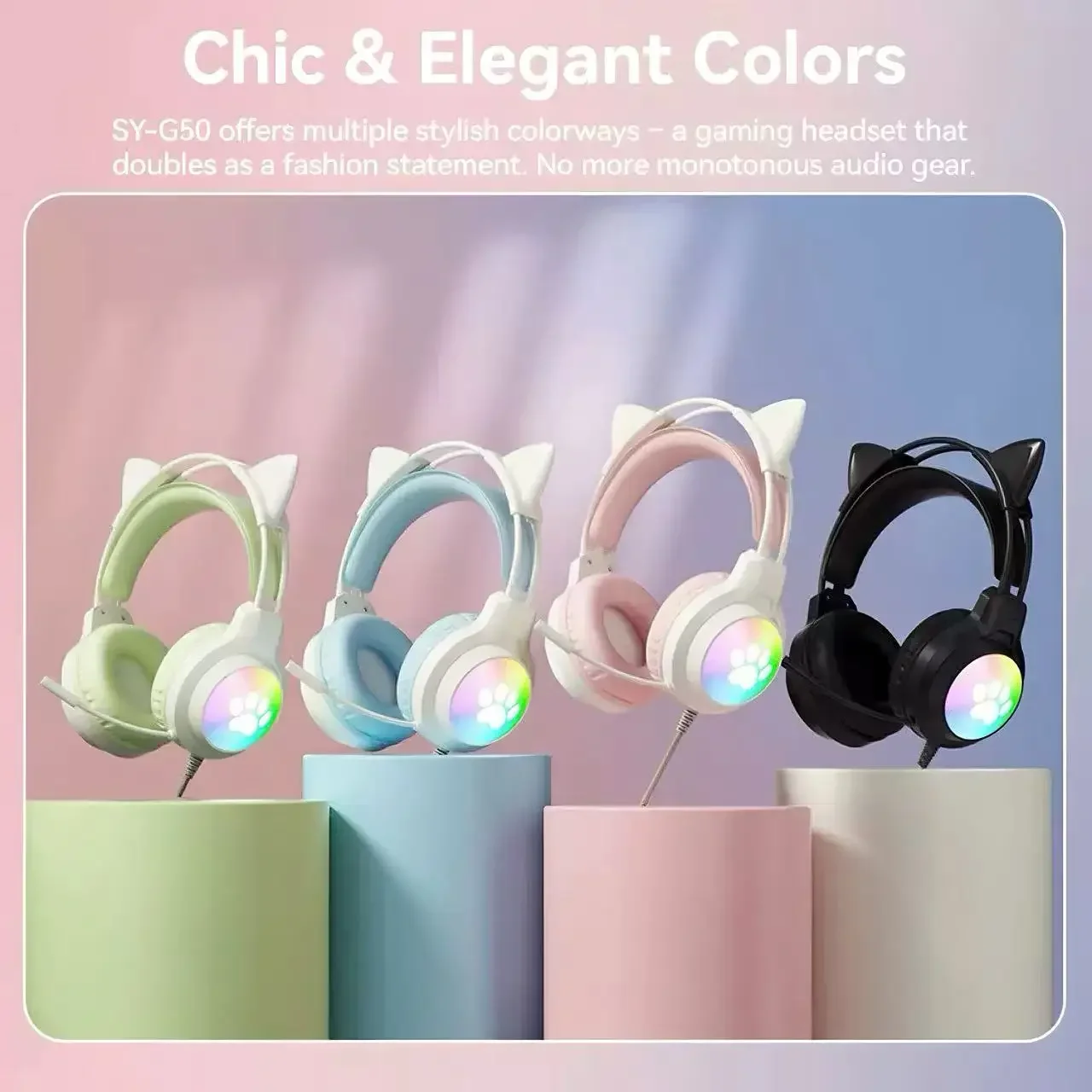 

Игровая гарнитура с кошачьими ушками, RGB-подсветкой, проводная, с шумоподавлением и усиленными басами, универсальные наушники для игр и развлечений