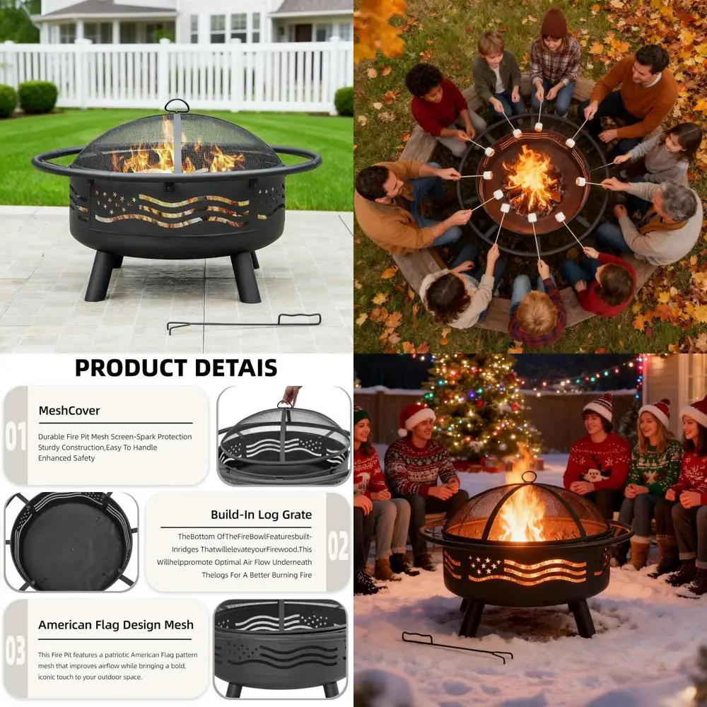 

38 круглая костра с американским флагом, сетчатым чехлом и покером для выжигания древесины на открытом воздухе в патио и саду