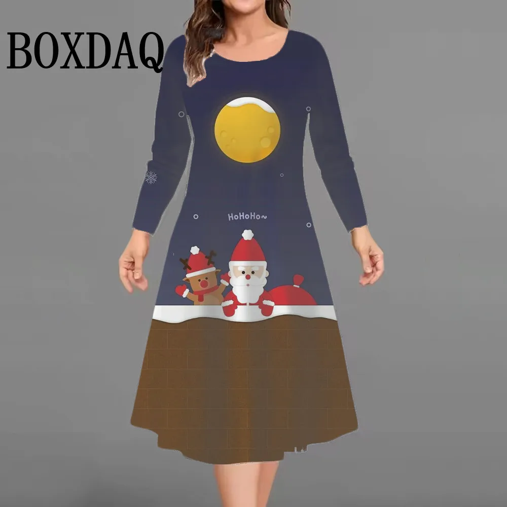 حجم كبير فستان المرأة شجرة عيد الميلاد طويلة الأكمام س الرقبة عيد الميلاد ثلج ثلاثية الأبعاد مطبوعة فستان فضفاض غير رسمي Vestidos امرأة الملابس الشتوية