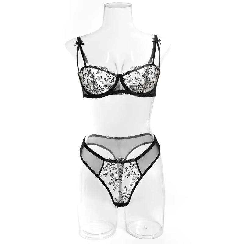 Bikini floral embroidered lace see-through sexy underwire push-up bra set
