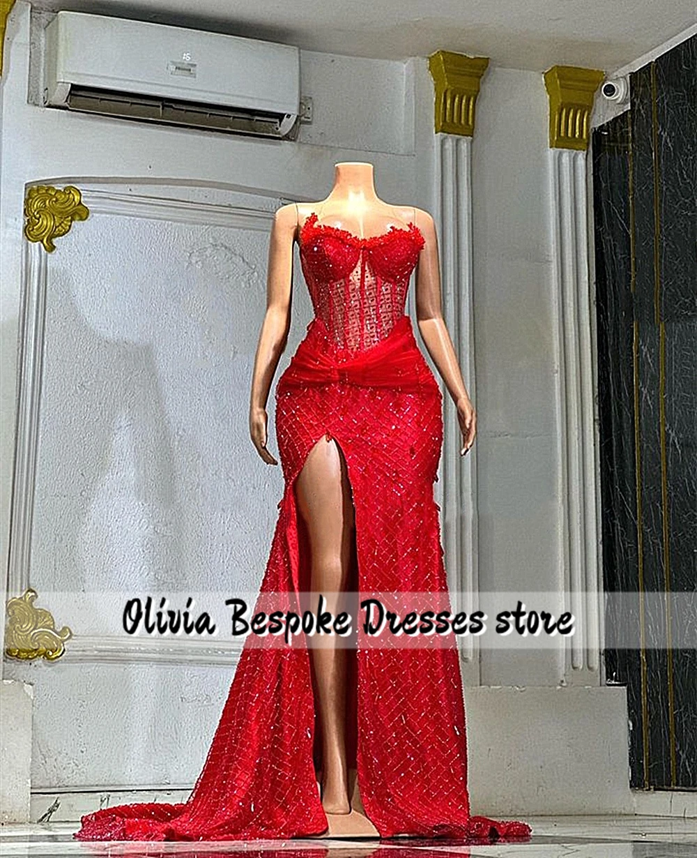 Glamorous Red African Mermaid Prom Dresses Split Aso Ebi Evening Party Gowns Bedings Corset Wedding Reception Dress Customized