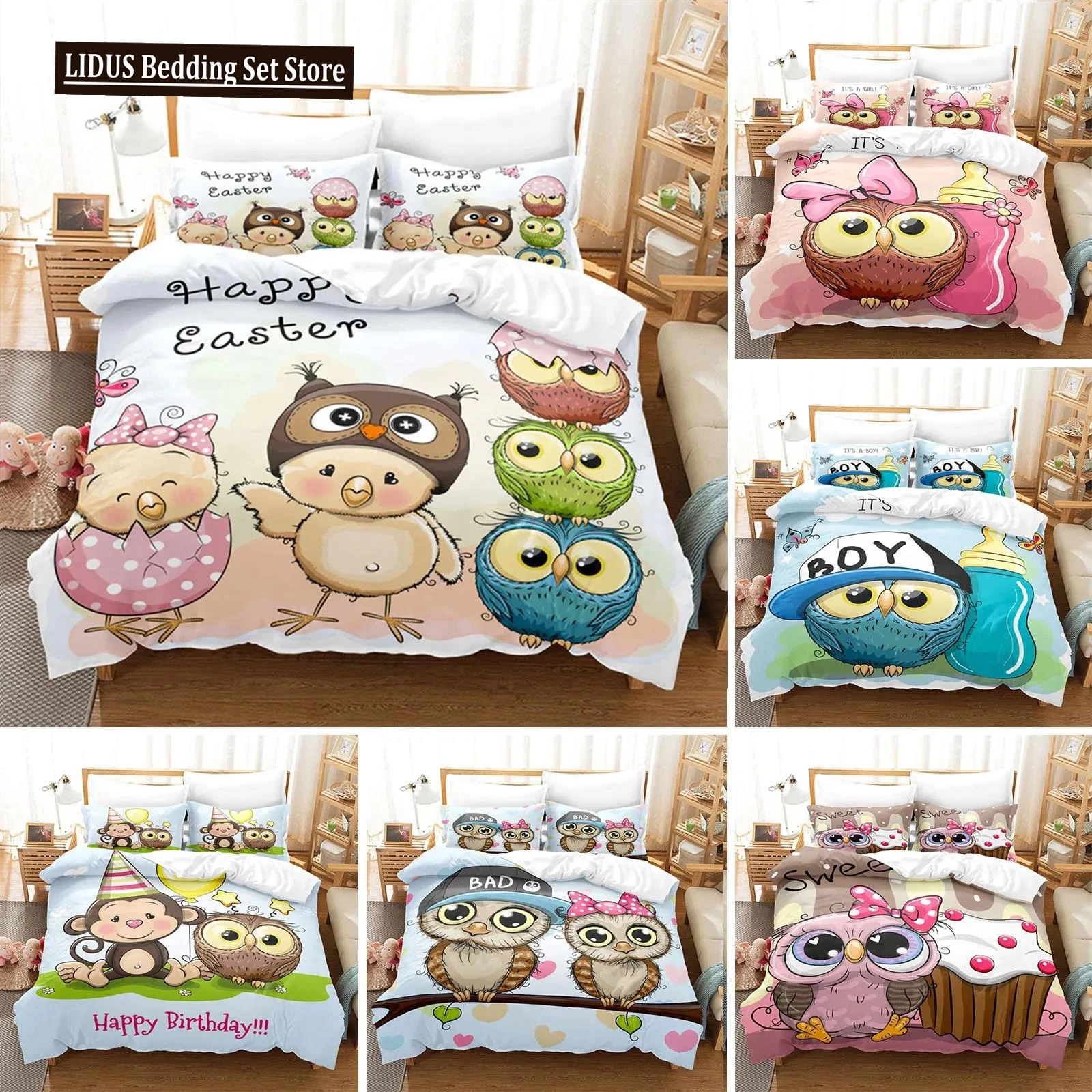 

Cartoon Owl Duvet Cover Set Fashion Cute Animal Bedding Set Soft Microfiber Print Comforter Cover Decorative Kids Children Room