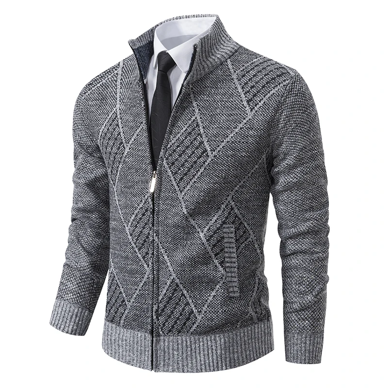 Autumn Winter Jackets Men Smart Casual Stand Collar Sweatercoat Fashion Geometric Knit Outerwear Mens Slim Coat Zipper Jacket