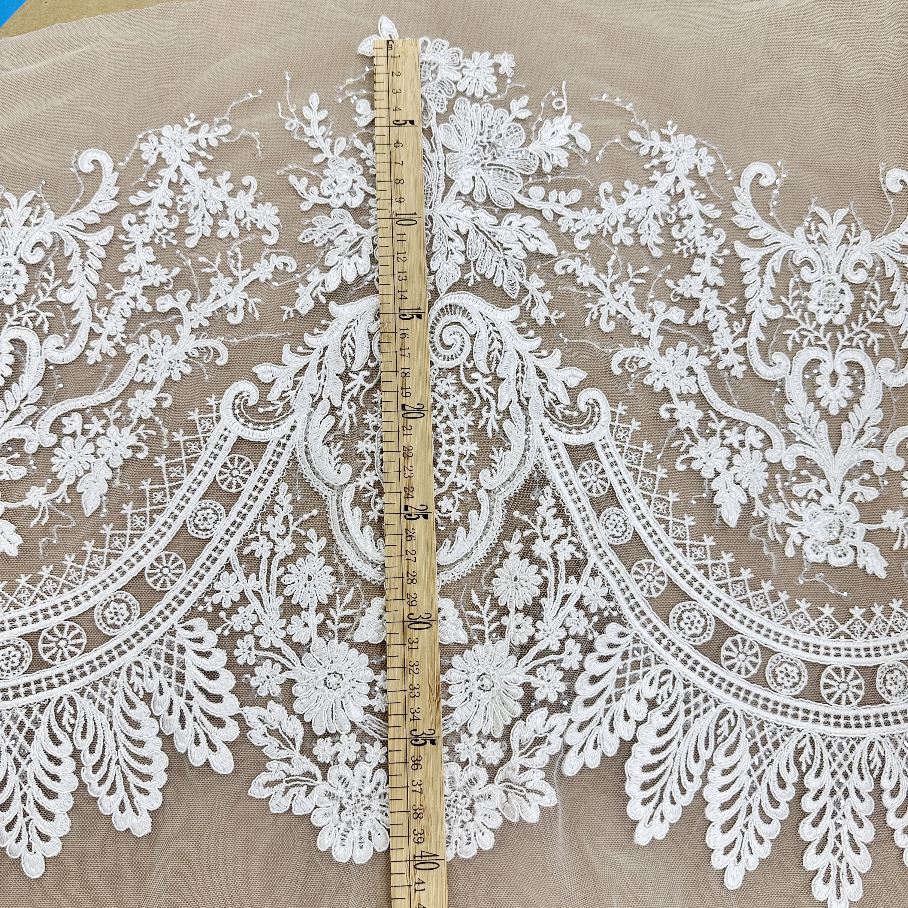 

1 yard Exquisite French Alencon Lace Fabric Trim ,clears equin Bridal Veil Wedding Lace Scallop Embroidered Eyelash Floral Lace