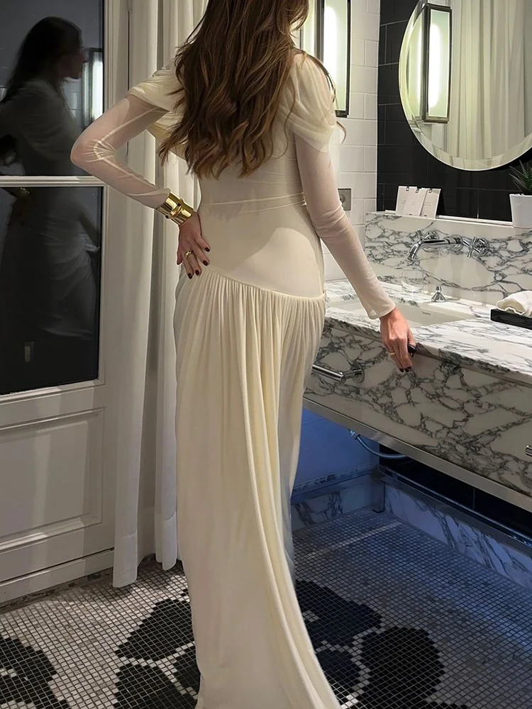 Robe châle plissée pour femmes, couleur unie, Chic, col mi-haut, manches longues, taille haute, Slim, nouvelle robe de soirée quotidienne, 2025